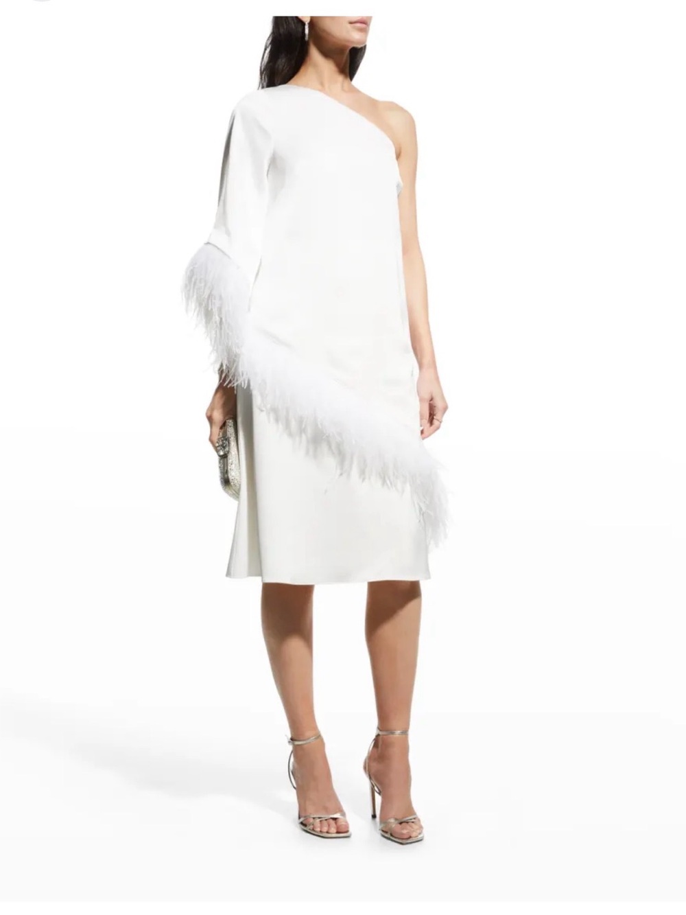 Aidan Mattox Ivory One-Shoulder Feather Trim Dress